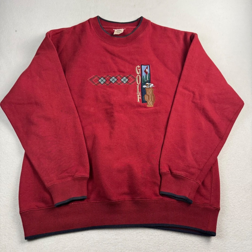 Vintage Golf‎ Embroidered Crewneck Sweatshirt Red Argyle Mens Large Pullover